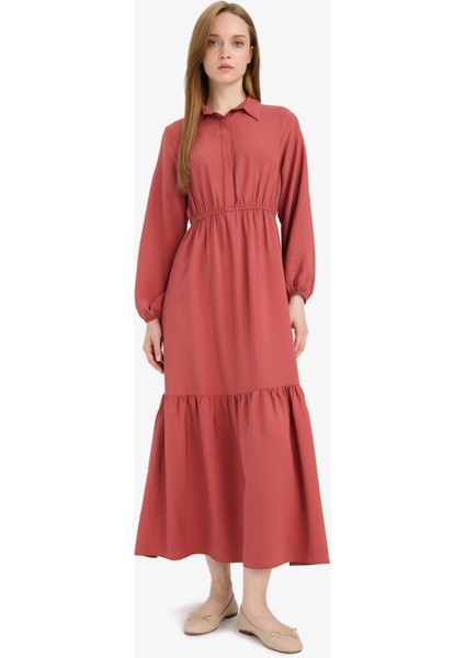 Gömlek Yaka Basic Düz Düğmeli Beli Büzgülü Uzun Kollu Maxi Elbise