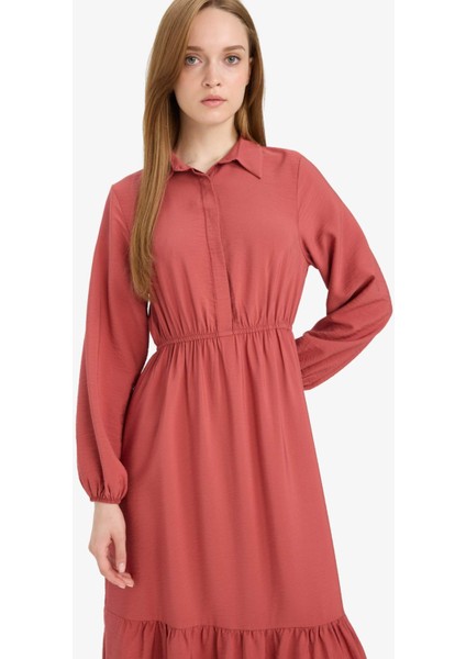 Gömlek Yaka Basic Düz Düğmeli Beli Büzgülü Uzun Kollu Maxi Elbise