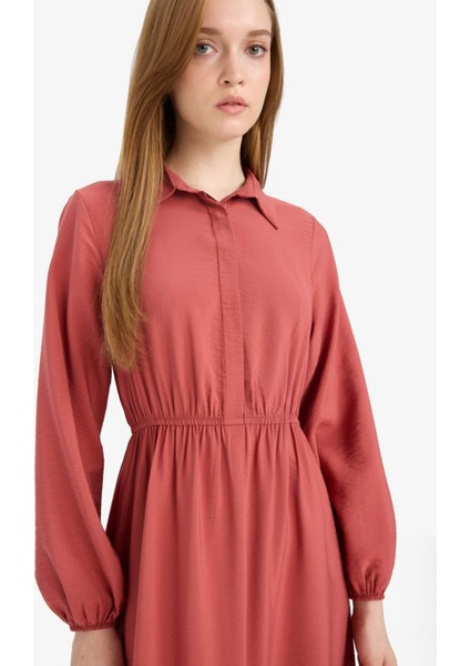 Gömlek Yaka Basic Düz Düğmeli Beli Büzgülü Uzun Kollu Maxi Elbise