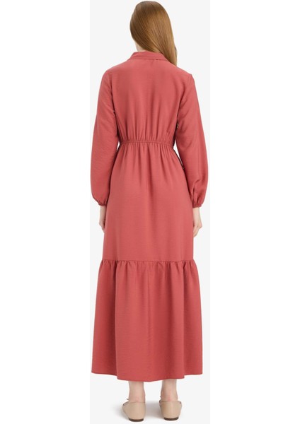 Gömlek Yaka Basic Düz Düğmeli Beli Büzgülü Uzun Kollu Maxi Elbise
