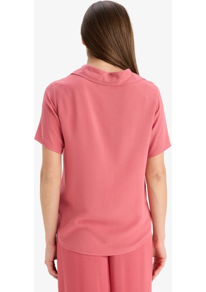 Regular Fit Kaçık Yaka Krinkıl Viskon Kısa Kollu Gömlek