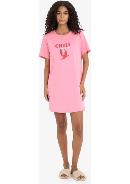 Regular Fit Bisiklet Yaka Baskılı Kısa Kollu Gecelik -Fall in Love F6076AX25HS