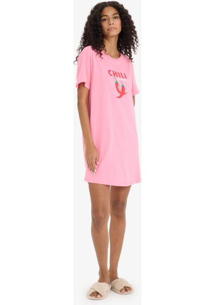 Regular Fit Bisiklet Yaka Baskılı Kısa Kollu Gecelik -Fall in Love F6076AX25HS