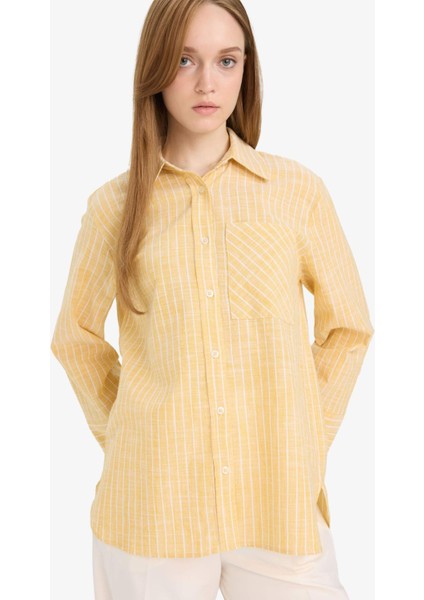 Relax Fit Çizgili Flamlı Pamuk Uzun Kollu Gömlek Tunik