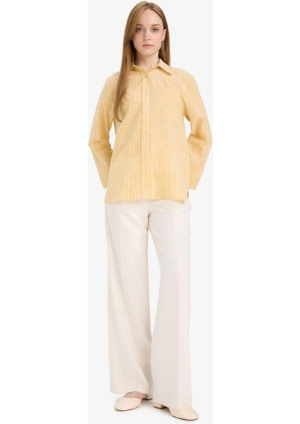 Relax Fit Çizgili Flamlı Pamuk Uzun Kollu Gömlek Tunik