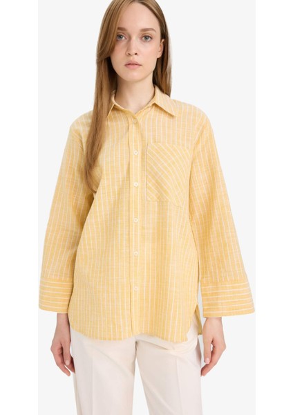 Relax Fit Çizgili Flamlı Pamuk Uzun Kollu Gömlek Tunik