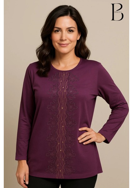 Rahat Kesim Önü Su Yolu Taş Işlemeli Anne Kadın Penye Bluz