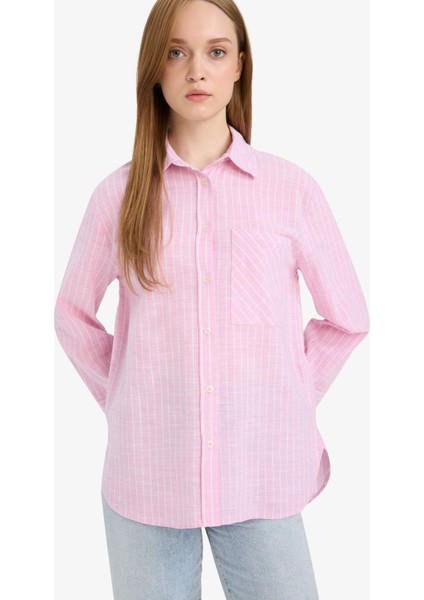 Relax Fit Çizgili Flamlı Pamuk Uzun Kollu Gömlek Tunik