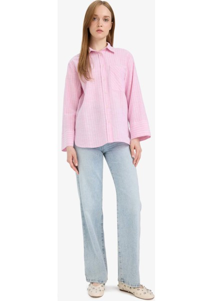 Relax Fit Çizgili Flamlı Pamuk Uzun Kollu Gömlek Tunik