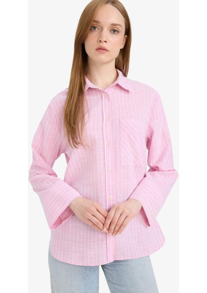Relax Fit Çizgili Flamlı Pamuk Uzun Kollu Gömlek Tunik