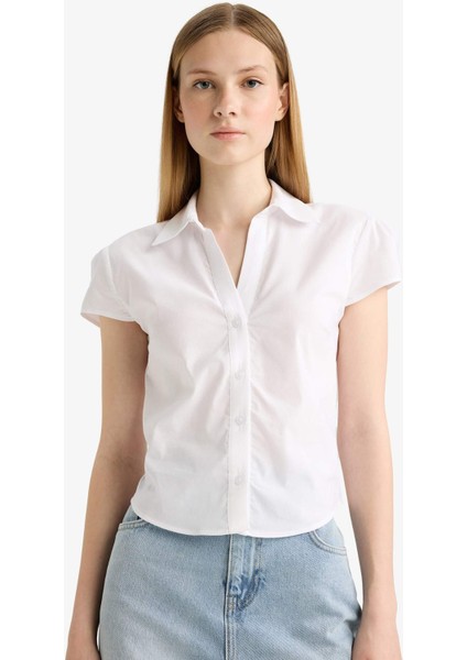 Fitted Poplin Kısa Kollu Beyaz Gömlek F6354AX25HS
