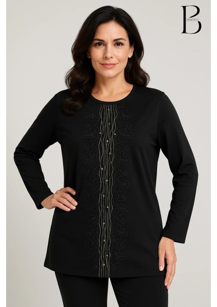 Rahat Kesim Önü Su Yolu Taş Işlemeli Anne Kadın Penye Bluz