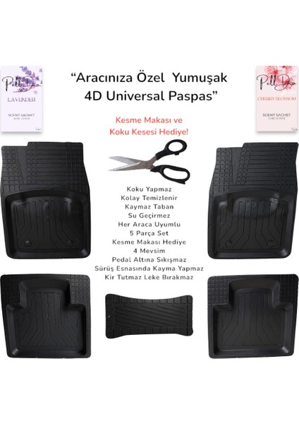 Mercedes C Serisi Uyumlu Universal 5’li Paspas Seti – Kaymaz, Su Geçirmez, Araca Özel Form – Hediye Kesme Makası