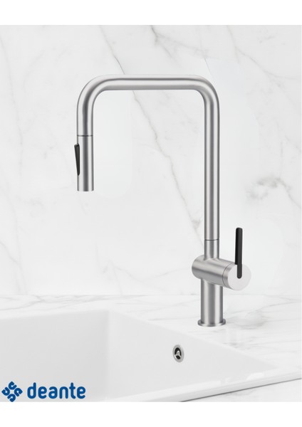 Momi BKM_F73N U‑Tip Çekme Spiralli Mutfak Evye Bataryas Fırçalanmış Çelik | 1800 mm Hortum, Sessiz kullanım, Su Tasarrufu