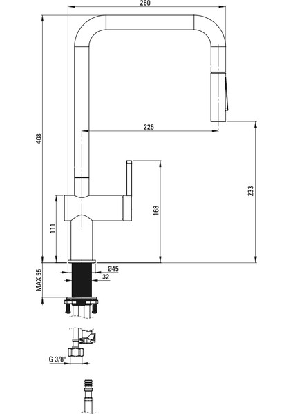 Momi BKM_F73N U‑Tip Çekme Spiralli Mutfak Evye Bataryas Fırçalanmış Çelik | 1800 mm Hortum, Sessiz kullanım, Su Tasarrufu
