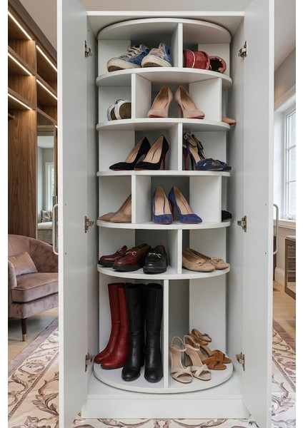 360° Dönen Ayakkabı Rafı 6 Basamaklı Beyaz Mdf