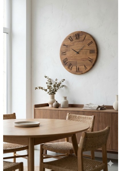 Romen Rakamlı Lazer Kazıma Ahşap Duvar Saati - 42CM Sessiz Mekanizma - Ceviz Rengi