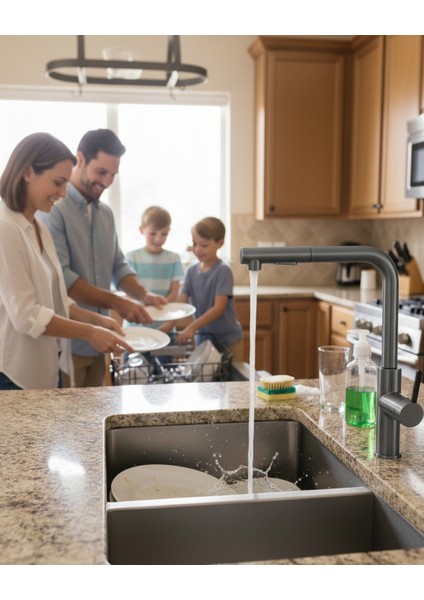 Momi BKM_D73M Çekme Spiralli Mutfak Bataryası Titanyum | İki Jet Modu , Su Tasarruflu Bal Peteği Aeratör, Sessiz kullanım modelleri