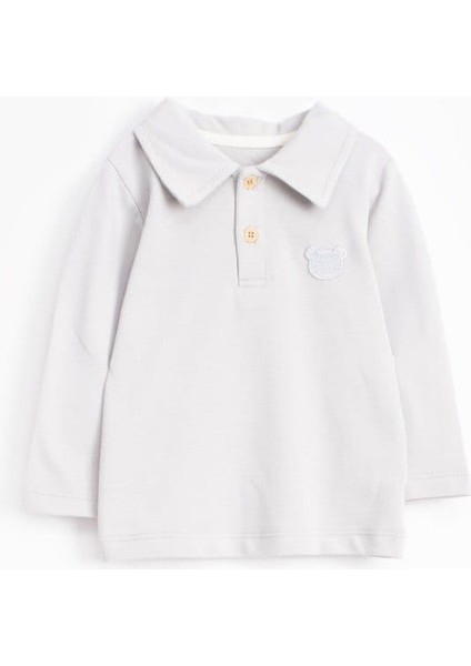 Nakışlı Polo Yaka Uzun Kollu Tişört – Gri