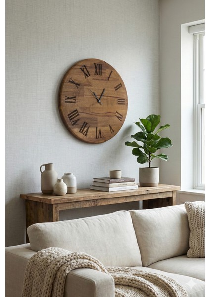 Romen Rakamlı Lazer Kazıma Ahşap Duvar Saati - 42CM Sessiz Mekanizma - Ceviz Rengi