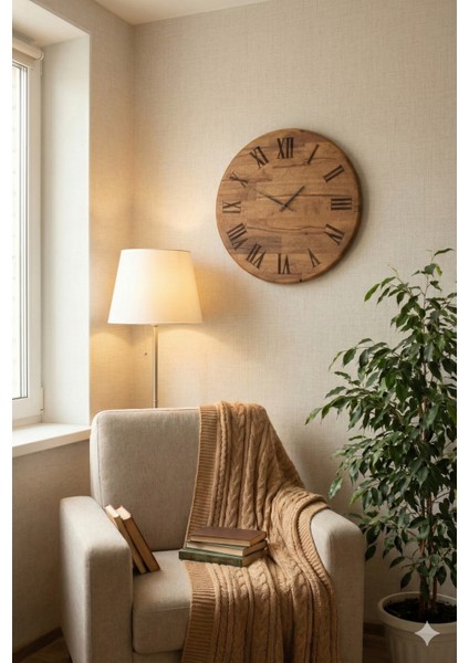 Romen Rakamlı Lazer Kazıma Ahşap Duvar Saati - 42CM Sessiz Mekanizma - Ceviz Rengi