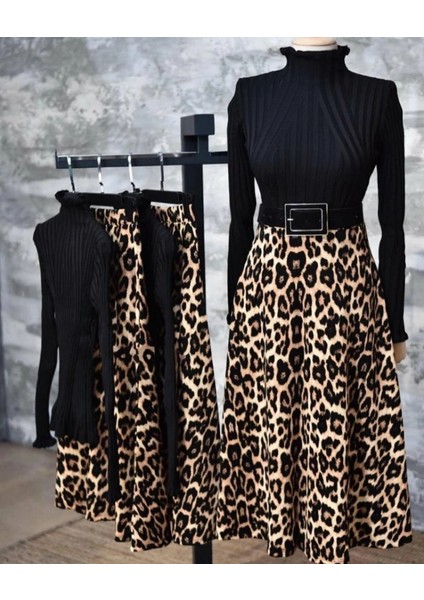 Kadın Beli Lastikli Leopar Desenli Krep Kumaş Efsane Etek Kemersiz