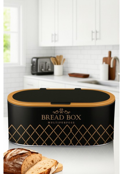 Metal Ekmeklik – Şık ve Dayanıklı Bread Box | Siyah Altın Detaylı Çok Amaçlı Saklama Kutusu