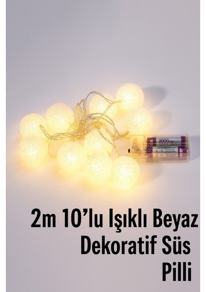2 Metre 10'lu Pilli Beyaz Top LED Işık - Dekoratif Işıklı Top Süs Zinciri
