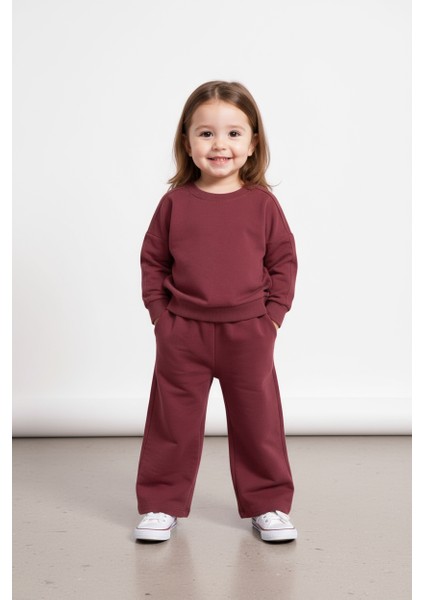 Sweatshirt & Wide Leg Eşofman Takım - Bordo fiyatları