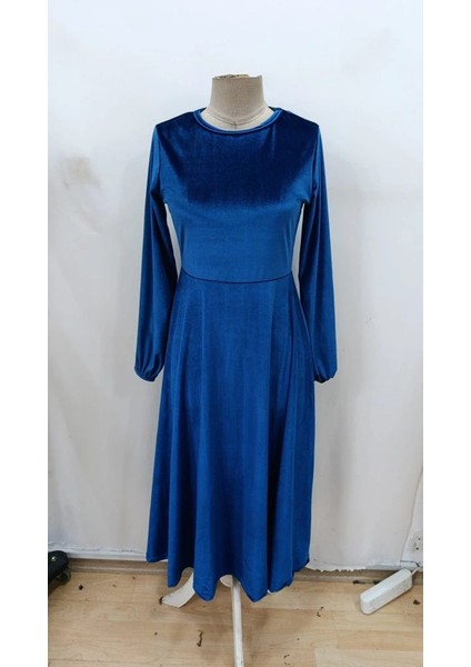 Kadın Uzun Kollu Bisiklet Yaka Midi Kadife Mavi Elbise fırsatları