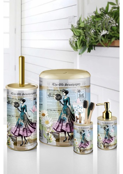 4 Parça Metal Banyo Seti – Vintage Gazete Desenli – Click Kapaklı Şık Tasarım