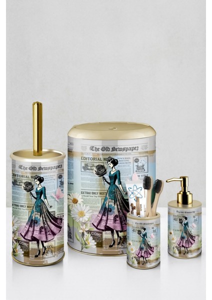 4 Parça Metal Banyo Seti – Vintage Gazete Desenli – Click Kapaklı Şık Tasarım fiyatları