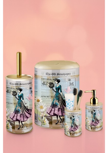 4 Parça Metal Banyo Seti – Vintage Gazete Desenli – Click Kapaklı Şık Tasarım modelleri