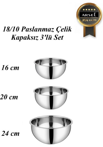 304 Paslanmaz Çelik 3’lü Çırpma & Karıştırma Kasesi Seti – 18/10, Derin, Kapaksız