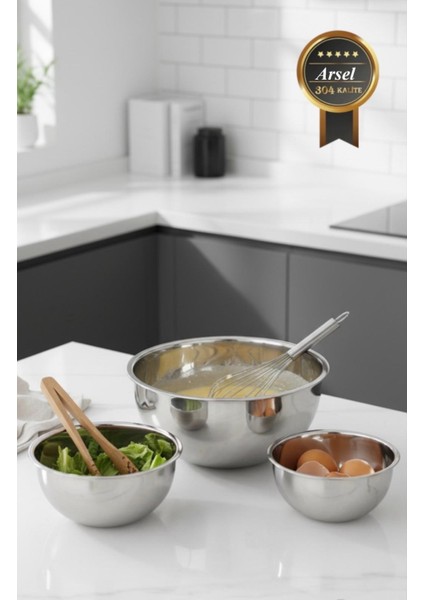 304 Paslanmaz Çelik 3’lü Çırpma & Karıştırma Kasesi Seti – 18/10, Derin, Kapaksız fiyatları