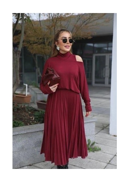 Kadın Triko Plise ve Tül Detay Iki Parça Elbise