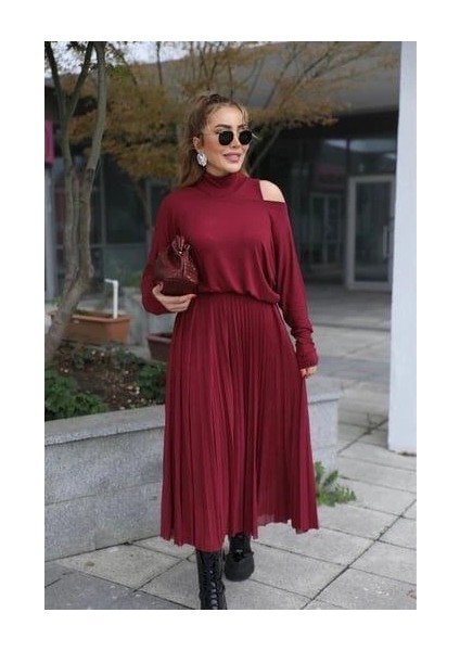 Kadın Triko Plise ve Tül Detay Iki Parça Elbise fiyatları