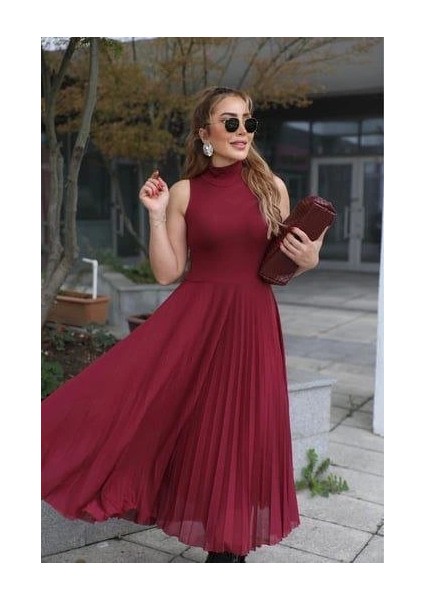 Kadın Triko Plise ve Tül Detay Iki Parça Elbise modelleri