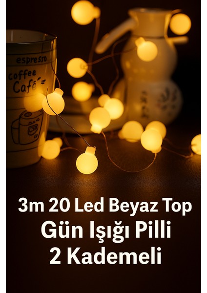 3 Metre 20 LED Beyaz Top Işık - Pilli, Gün Işığı ve 2 Kademeli Dekoratif Süsv