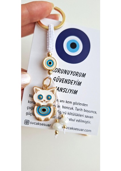 Hediyelik Pamuk Kedi Nazar Boncuku Anahtarlık - Beyaz - 11 cm