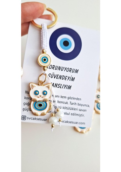 Hediyelik Pamuk Kedi Nazar Boncuku Anahtarlık - Beyaz - 11 cm modelleri