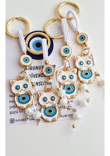 Hediyelik Pamuk Kedi Nazar Boncuku Anahtarlık - Beyaz - 11 cm fırsatları