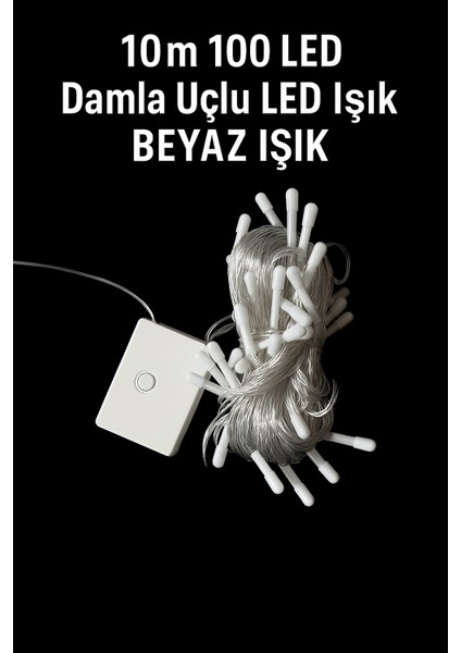 10 Metre 100 LED Damla Uçlu Işık - Beyaz Işık ve Şeffaf Kablolu Dekoratif Peri LED
