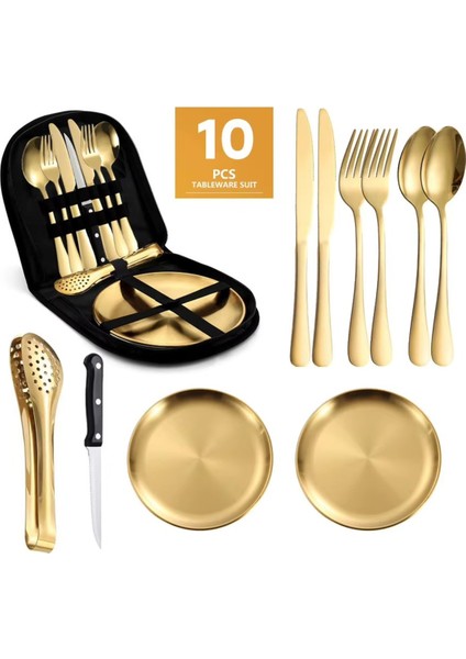 Premium Taşıma Çantalı Paslanmaz Çelik Kamp & Piknik Seti –10 Parça Altın Renk