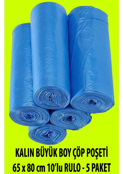 Kalın Büyük Boy Çöp Poşeti 65 x 80 cm 10'lu Rulo - 5 Paket