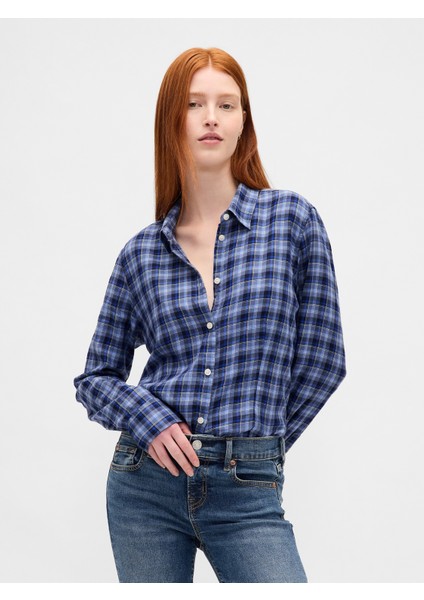 Kadın Mavi Flannel Dar Kesim Ekose Gömlek