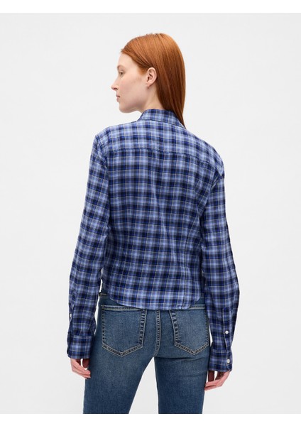 Kadın Mavi Flannel Dar Kesim Ekose Gömlek modelleri
