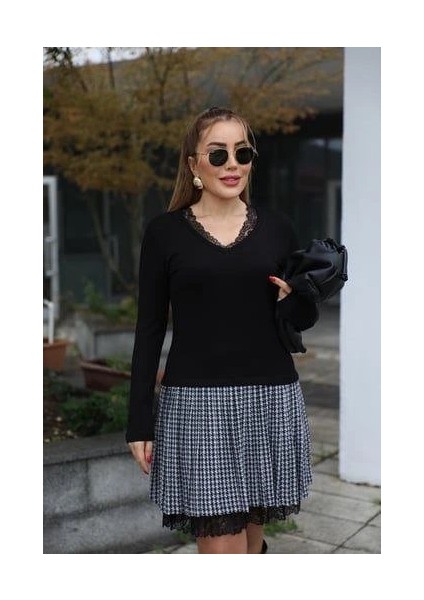 Kadın Uzun Kollu Denteli Yaka Ekose Etek Detay Diz Üstü Elbise