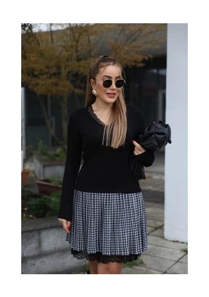 Kadın Uzun Kollu Denteli Yaka Ekose Etek Detay Diz Üstü Elbise fırsatları