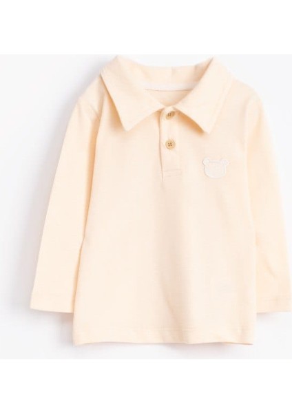 Nakışlı Polo Yaka Uzun Kollu Tişört – Bej